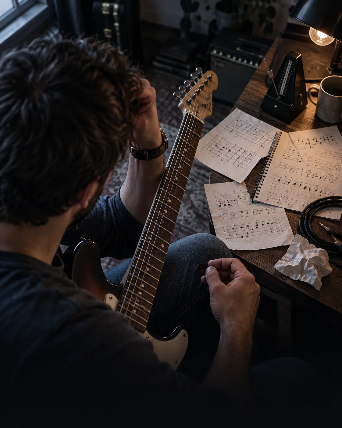 Guitarrista diante de anotações e licks isolados durante uma prática sem conexão
