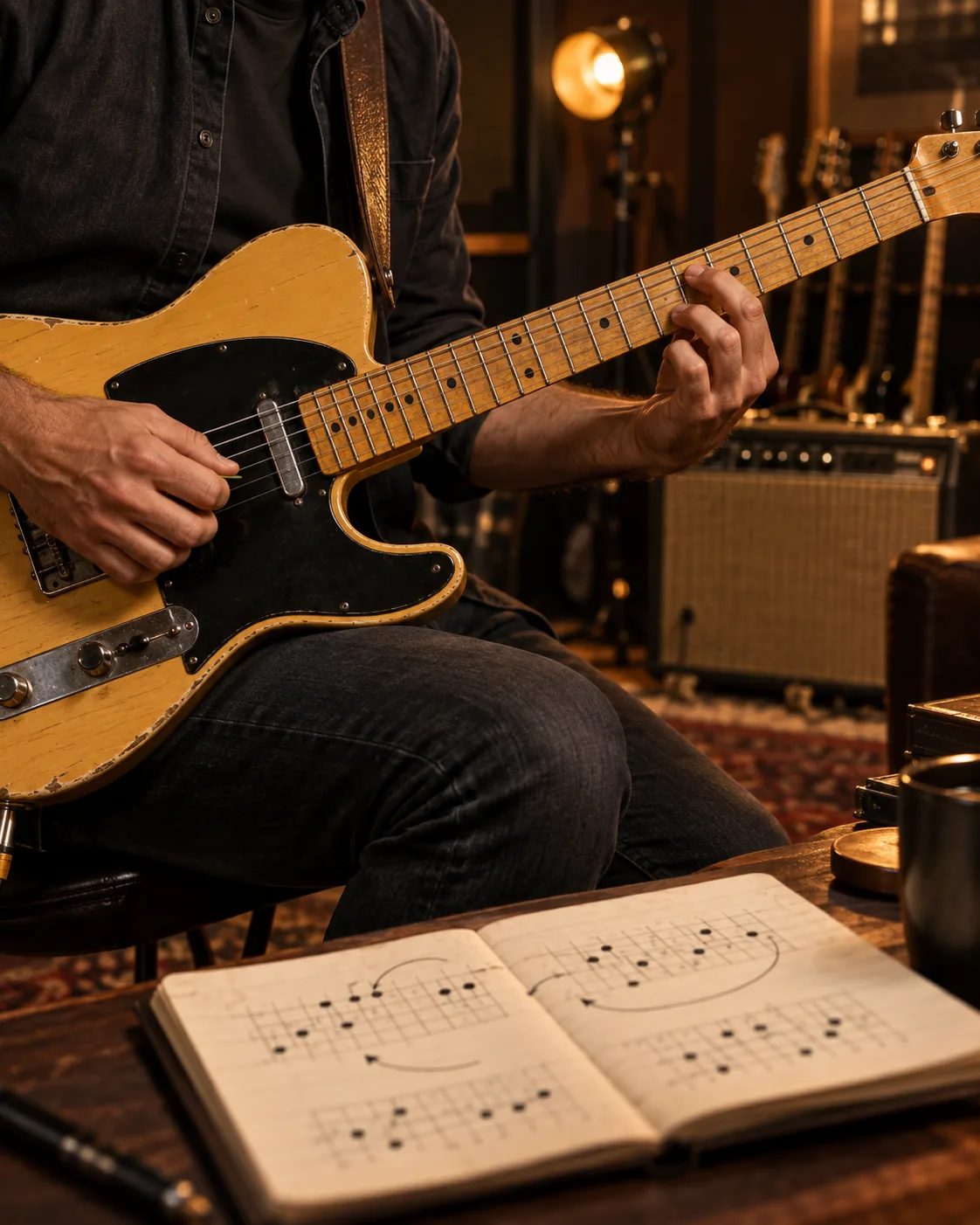 Guitarrista aplicando recursos da linguagem Country em uma Telecaster